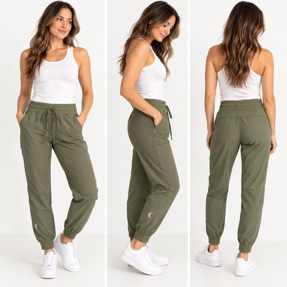 Zyia Active Women M Olive Green Ribbed Jogger Pants Drawstring Travel Athleisure